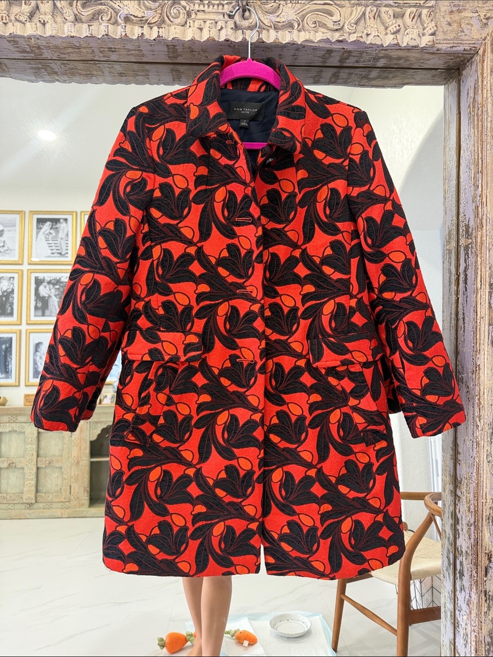 Ann Taylor Red and Black Floral-Print Pea Coat